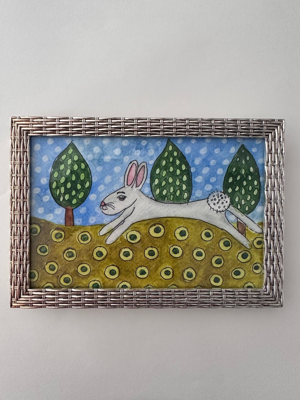 FRAMED ORIGINAL WATERCOLOR PAINTING BUNNY NAIVE ART